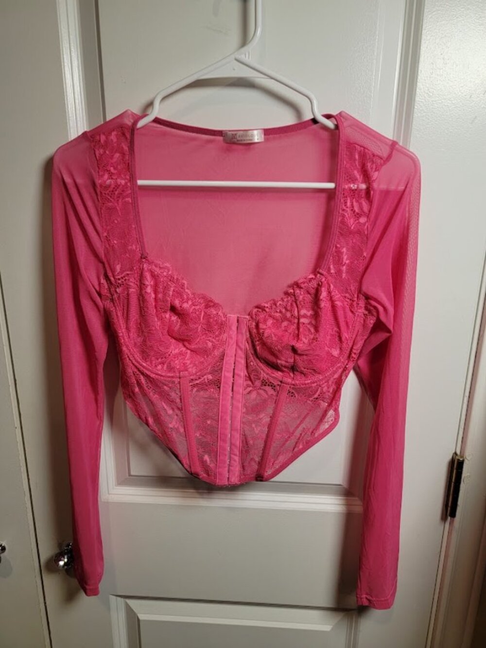 Avidlove Pink Lace Corset Top Medium Sheer Mesh Long Sleeve Coquette